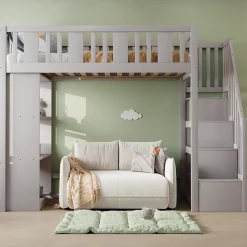 Lit mezzanine 90x200 cm - Lit simple avec échelle pratique, tiroirs de rangement intégrés et structure robuste - Pin et MDF - Gris