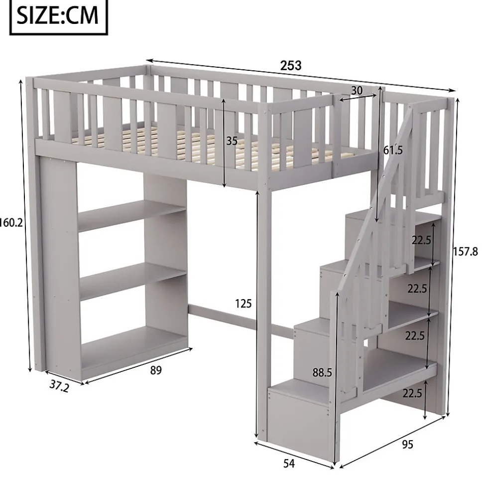 Lit mezzanine 90x200 cm - Lit simple avec échelle pratique, tiroirs de rangement intégrés et structure robuste - Pin et MDF - Gris
