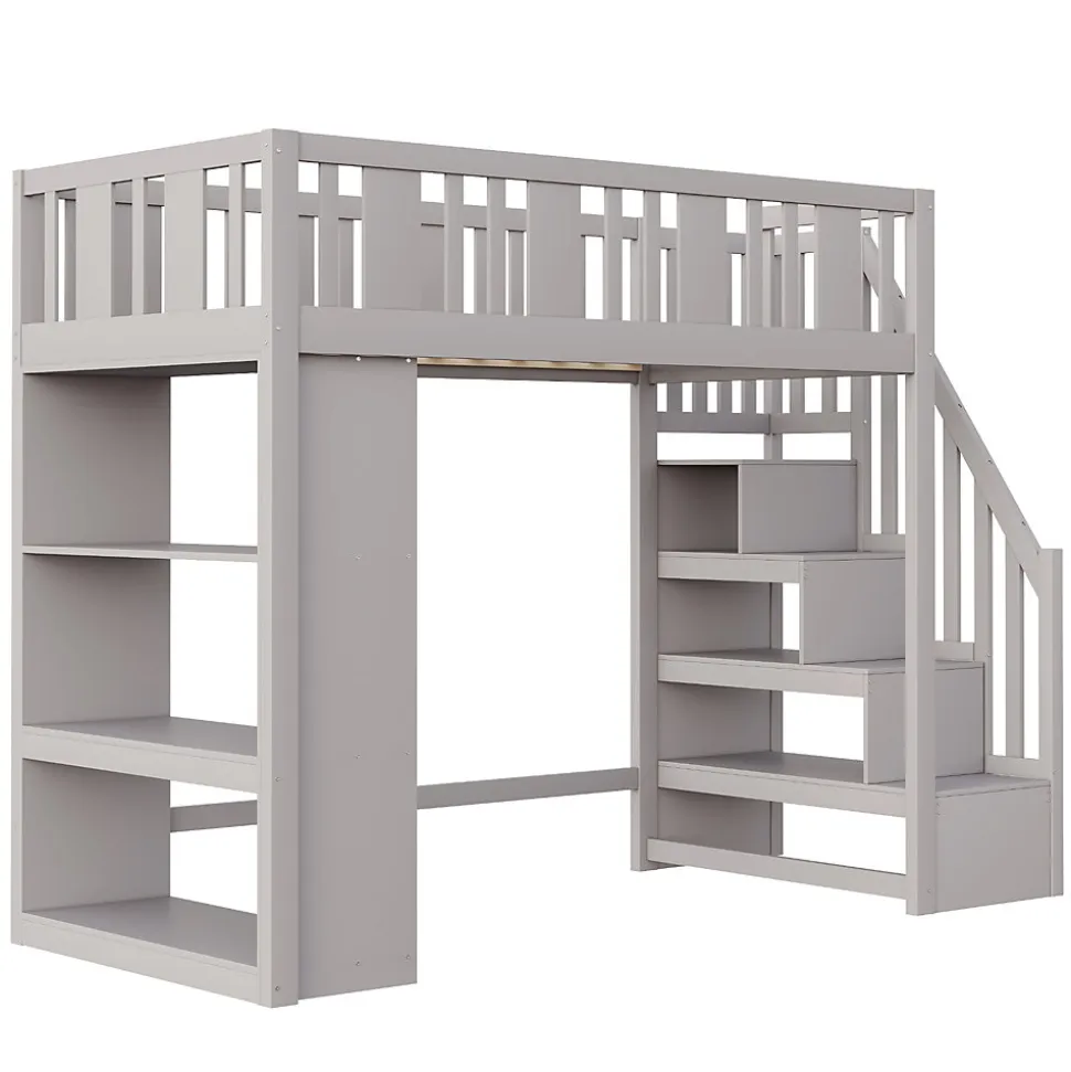 Lit mezzanine 90x200 cm - Lit simple avec échelle pratique, tiroirs de rangement intégrés et structure robuste - Pin et MDF - Gris