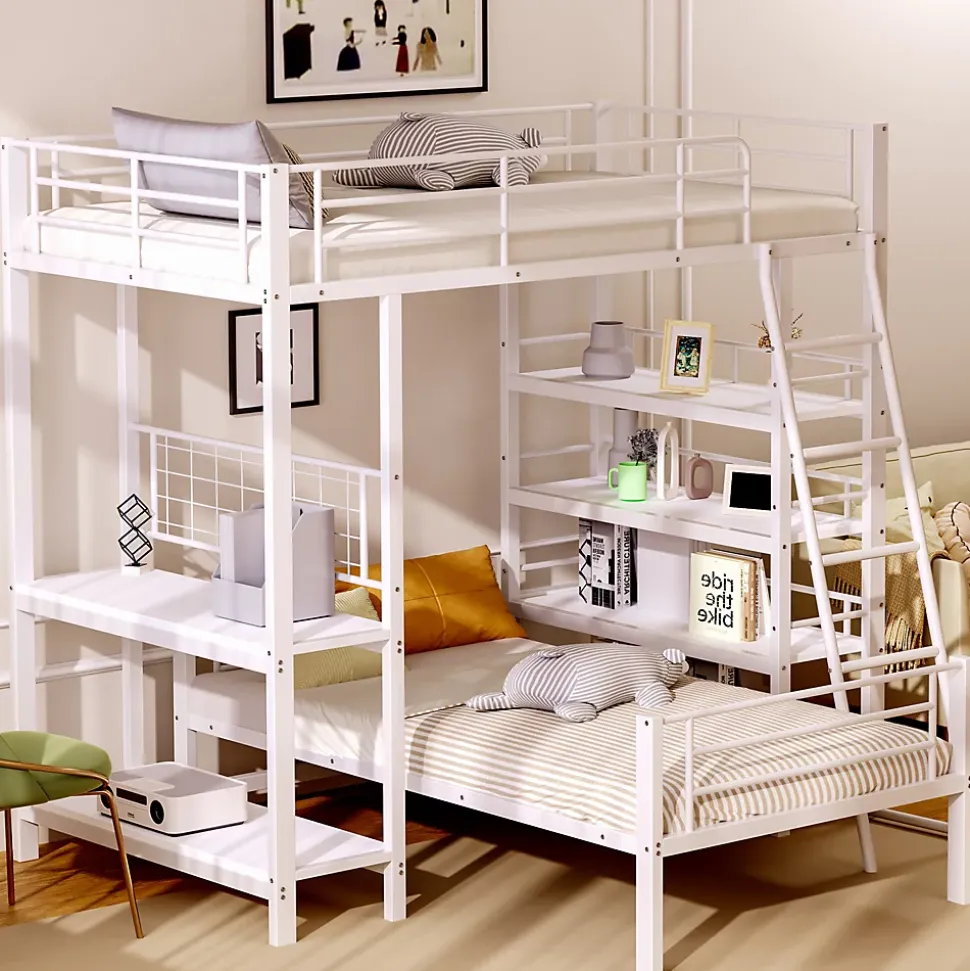 Lit mezzanine 90x200 cm - Lit simple avec rangement multifonction, structure métal et MDF avec étagères - Sans matelas - Blanc