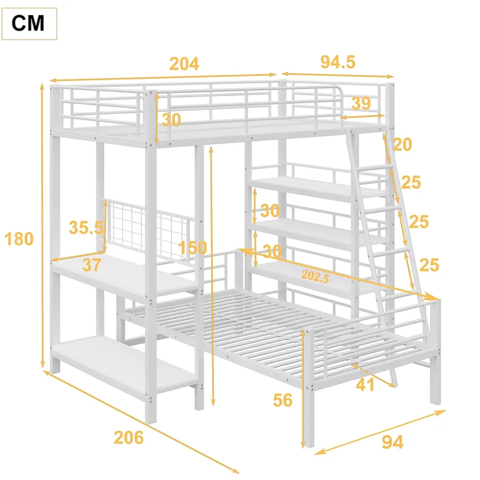 Lit mezzanine 90x200 cm - Lit simple avec rangement multifonction, structure métal et MDF avec étagères - Sans matelas - Blanc
