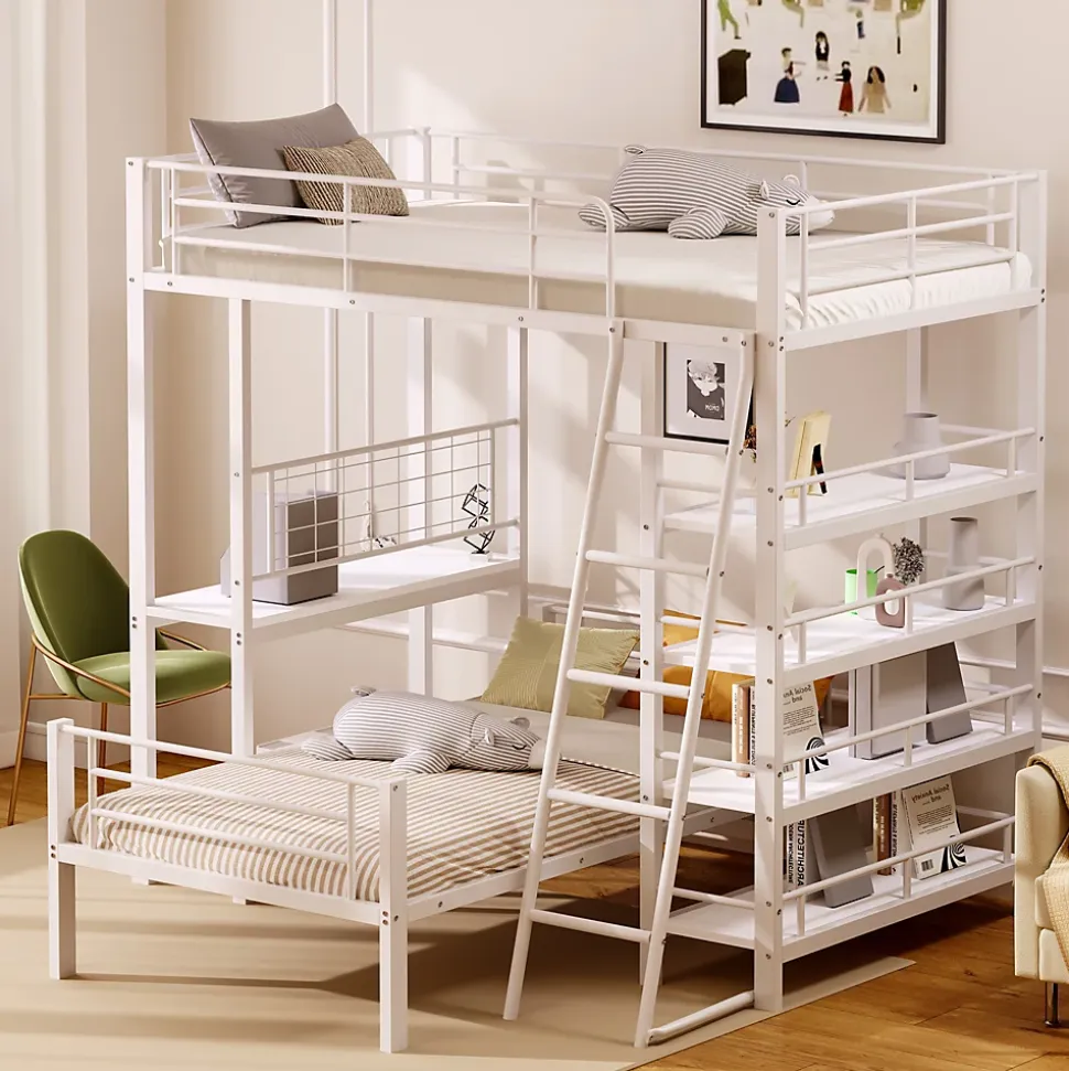 Lit mezzanine 90x200 cm - Lit simple avec rangement multifonction, structure métal et MDF avec étagères - Sans matelas - Blanc