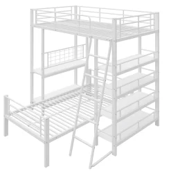 Lit mezzanine 90x200 cm - Lit simple avec rangement multifonction, structure métal et MDF avec étagères - Sans matelas - Blanc