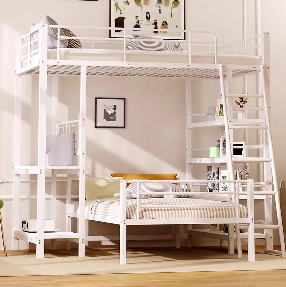 Lit mezzanine 90x200 cm - Lit simple avec rangement multifonction, structure métal et MDF avec étagères - Sans matelas - Blanc