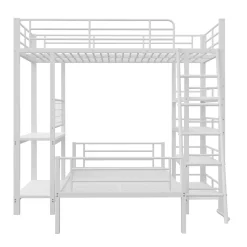 Lit mezzanine 90x200 cm - Lit simple avec rangement multifonction, structure métal et MDF avec étagères - Sans matelas - Blanc