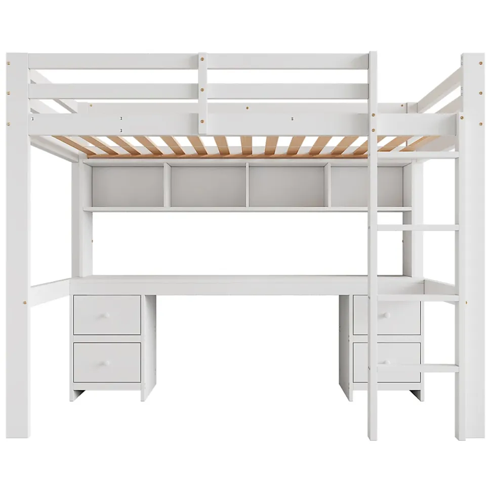 Lit mezzanine 90x200 cm - Lit Simple avec Escalier à Rampe Haute et bureau, tiroirs - Pin + MDF - Sans Matelas - Blanc