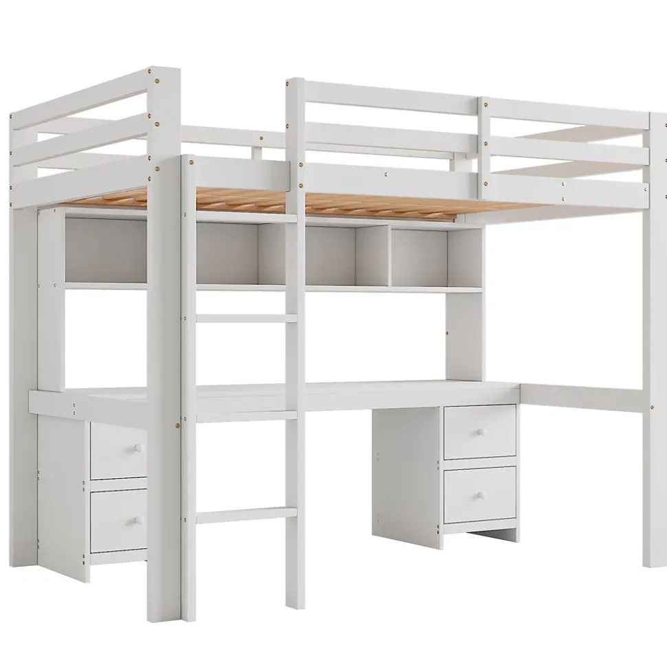 Lit mezzanine 90x200 cm - Lit Simple avec Escalier à Rampe Haute et bureau, tiroirs - Pin + MDF - Sans Matelas - Blanc