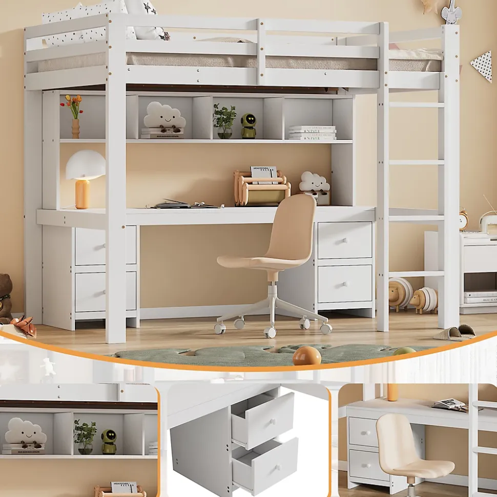 Lit mezzanine 90x200 cm - Lit Simple avec Escalier à Rampe Haute et bureau, tiroirs - Pin + MDF - Sans Matelas - Blanc