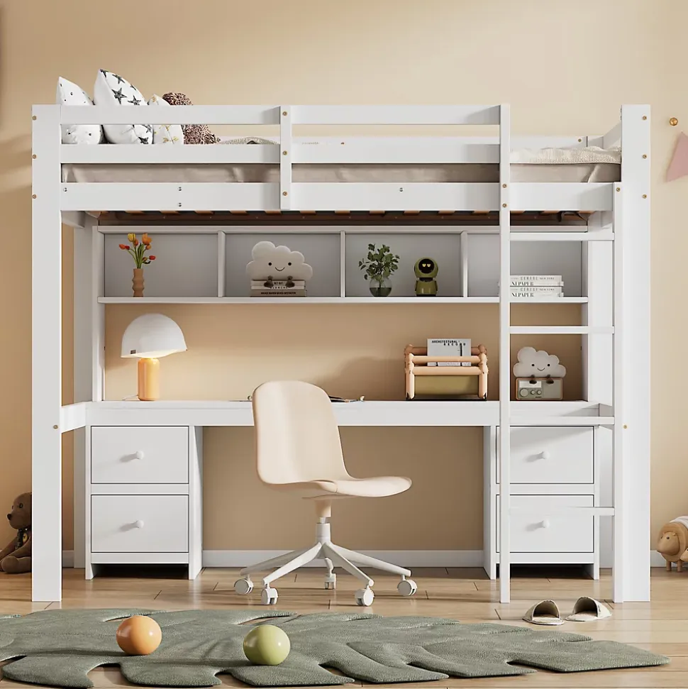 Lit mezzanine 90x200 cm - Lit Simple avec Escalier à Rampe Haute et bureau, tiroirs - Pin + MDF - Sans Matelas - Blanc