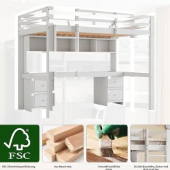 Lit mezzanine 90x200 cm - Lit Simple avec Escalier à Rampe Haute et bureau, tiroirs - Pin + MDF - Sans Matelas - Blanc