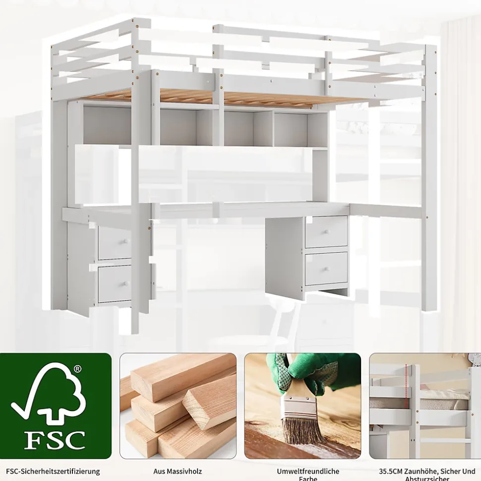 Lit mezzanine 90x200 cm - Lit Simple avec Escalier à Rampe Haute et bureau, tiroirs - Pin + MDF - Sans Matelas - Blanc