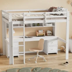 Lit mezzanine 90x200 cm - Lit Simple avec Escalier à Rampe Haute et bureau, tiroirs - Pin + MDF - Sans Matelas - Blanc