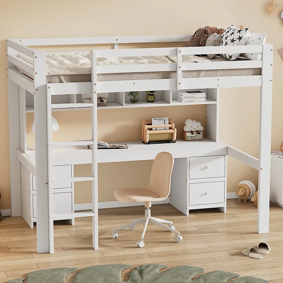Lit mezzanine 90x200 cm - Lit Simple avec Escalier à Rampe Haute et bureau, tiroirs - Pin + MDF - Sans Matelas - Blanc