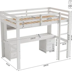 Lit mezzanine 90x200 cm - Lit Simple avec Escalier à Rampe Haute et bureau, tiroirs - Pin + MDF - Sans Matelas - Blanc
