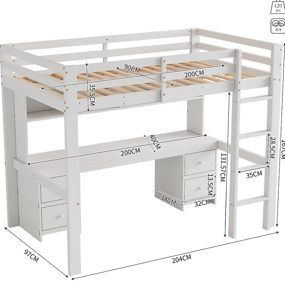 Lit mezzanine 90x200 cm - Lit Simple avec Escalier à Rampe Haute et bureau, tiroirs - Pin + MDF - Sans Matelas - Blanc
