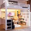 Lit mezzanine 90x200 cm - Structure en fer - Avec espace de rangement - Avec armoire + bureau - Blanc (matelas non inclus)