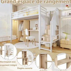 Lit mezzanine 90x200 cm - Structure en fer - Avec espace de rangement - Avec armoire + bureau - Blanc (matelas non inclus)