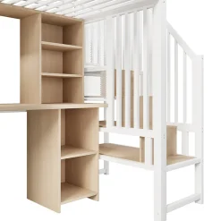 Lit mezzanine 90x200 cm - Structure en fer - Avec espace de rangement - Avec armoire + bureau - Blanc (matelas non inclus)