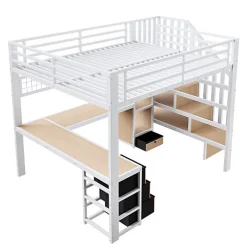 Lit mezzanine 90x200 cm - Structure en fer - Avec espace de rangement - Avec armoire + bureau - Blanc (matelas non inclus)