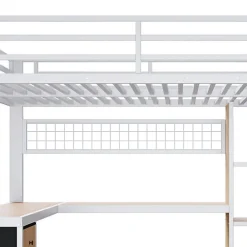 Lit mezzanine 90x200 cm - Structure en fer - Avec espace de rangement - Avec armoire + bureau - Blanc (matelas non inclus)