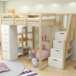 Lit Mezzanine 140x200 cm Ado avec Commode, Étagères et Tiroirs - Échelle Sécurisée Antidérapante - Sans Matelas - Bois Naturel