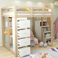 Lit Mezzanine 140x200 cm Ado avec Commode, Étagères et Tiroirs - Échelle Sécurisée Antidérapante - Sans Matelas - Bois Naturel