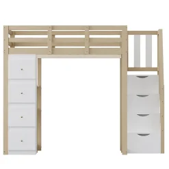 Lit Mezzanine 140x200 cm Ado avec Commode, Étagères et Tiroirs - Échelle Sécurisée Antidérapante - Sans Matelas - Bois Naturel