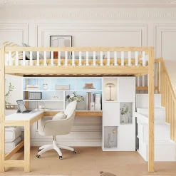 Lit mezzanine 140x200 cm ado double avec bureau intégré, étagères et LED, rangement pratique, pin+MDF blanc+bois naturel