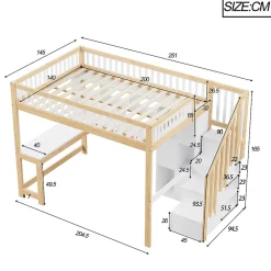Lit mezzanine 140x200 cm ado double avec bureau intégré, étagères et LED, rangement pratique, pin+MDF blanc+bois naturel