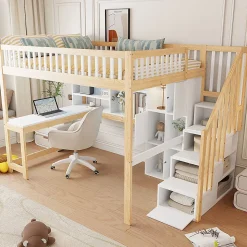 Lit mezzanine 140x200 cm ado double avec bureau intégré, étagères et LED, rangement pratique, pin+MDF blanc+bois naturel