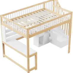 Lit mezzanine 140x200 cm ado double avec bureau intégré, étagères et LED, rangement pratique, pin+MDF blanc+bois naturel