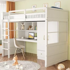 Lit mezzanine 90x200 cm ado/enfant avec bureau et armoire, escalier avec tiroirs, bois MDF+pin blanc, sans matelas