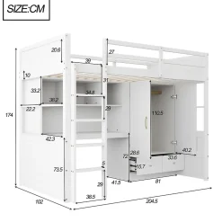 Lit mezzanine 90x200 cm ado/enfant avec bureau et armoire, escalier avec tiroirs, bois MDF+pin blanc, sans matelas