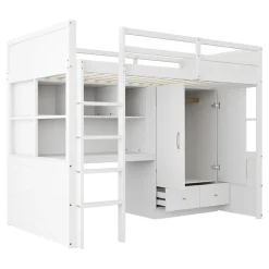 Lit mezzanine 90x200 cm ado/enfant avec bureau et armoire, escalier avec tiroirs, bois MDF+pin blanc, sans matelas