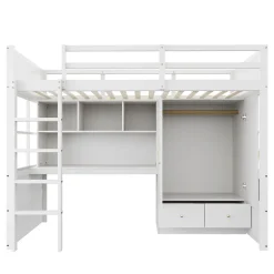 Lit mezzanine 90x200 cm ado/enfant avec bureau et armoire, escalier avec tiroirs, bois MDF+pin blanc, sans matelas
