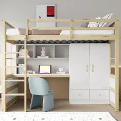 Lit mezzanine 90x200 cm ado/enfant 1 place avec bureau et armoire, escalier avec tiroirs, bois pin+MDF couleur bois, sans matelas