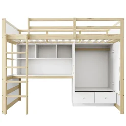 Lit mezzanine 90x200 cm ado/enfant 1 place avec bureau et armoire, escalier avec tiroirs, bois pin+MDF couleur bois, sans matelas