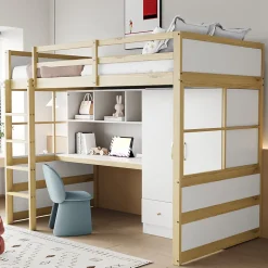 Lit mezzanine 90x200 cm ado/enfant 1 place avec bureau et armoire, escalier avec tiroirs, bois pin+MDF couleur bois, sans matelas