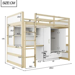 Lit mezzanine 90x200 cm ado/enfant 1 place avec bureau et armoire, escalier avec tiroirs, bois pin+MDF couleur bois, sans matelas