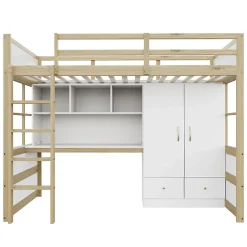 Lit mezzanine 90x200 cm ado/enfant 1 place avec bureau et armoire, escalier avec tiroirs, bois pin+MDF couleur bois, sans matelas