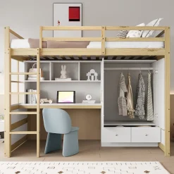 Lit mezzanine 90x200 cm ado/enfant 1 place avec bureau et armoire, escalier avec tiroirs, bois pin+MDF couleur bois, sans matelas