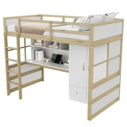 Lit mezzanine 90x200 cm ado/enfant 1 place avec bureau et armoire, escalier avec tiroirs, bois pin+MDF couleur bois, sans matelas