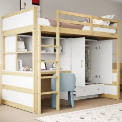 Lit mezzanine 90x200 cm ado/enfant 1 place avec bureau et armoire, escalier avec tiroirs, bois pin+MDF couleur bois, sans matelas