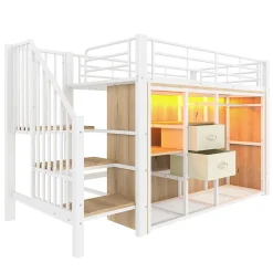 Lit mezzanine 90x200 cm avec 2 tiroirs et vestiaire ouvert, LED multicolore, structure métal