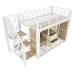 Lit mezzanine 90x200 cm avec 2 tiroirs et vestiaire ouvert, LED multicolore, structure métal