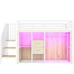 Lit mezzanine 90x200 cm avec 2 tiroirs et vestiaire ouvert, LED multicolore, structure métal