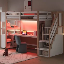 Lit mezzanine 90x200 cm avec armoire et bureau - avec escalier et prises électriques - LED - naturel (sans matelas)
