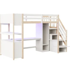 Lit mezzanine 90x200 cm avec armoire et bureau - avec escalier et prises électriques - LED - naturel (sans matelas)