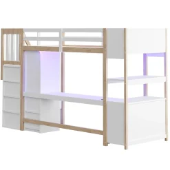 Lit mezzanine 90x200 cm avec armoire et bureau - avec escalier et prises électriques - LED - naturel (sans matelas)