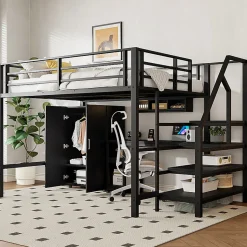 Lit mezzanine 140x200 cm avec armoire étagères bureau et échelle noire sans matelas